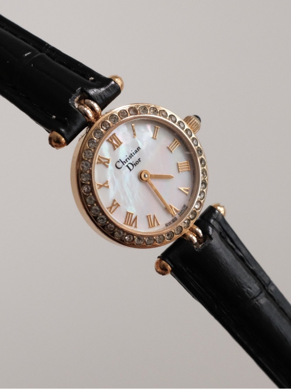 Vintage Dior Gold-Tone Crystal Bezel Watch with Black Leather Strap - Picture 2 of 10